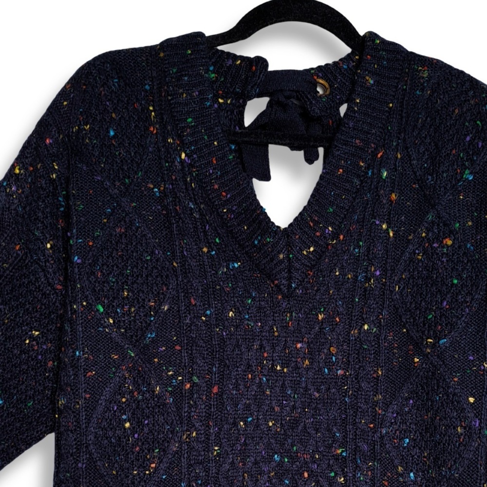 John + Jenn Sweater S Navy Rainbow Confetti Cable Knit Tie Open Back Grommet 914 - Picture 4 of 12